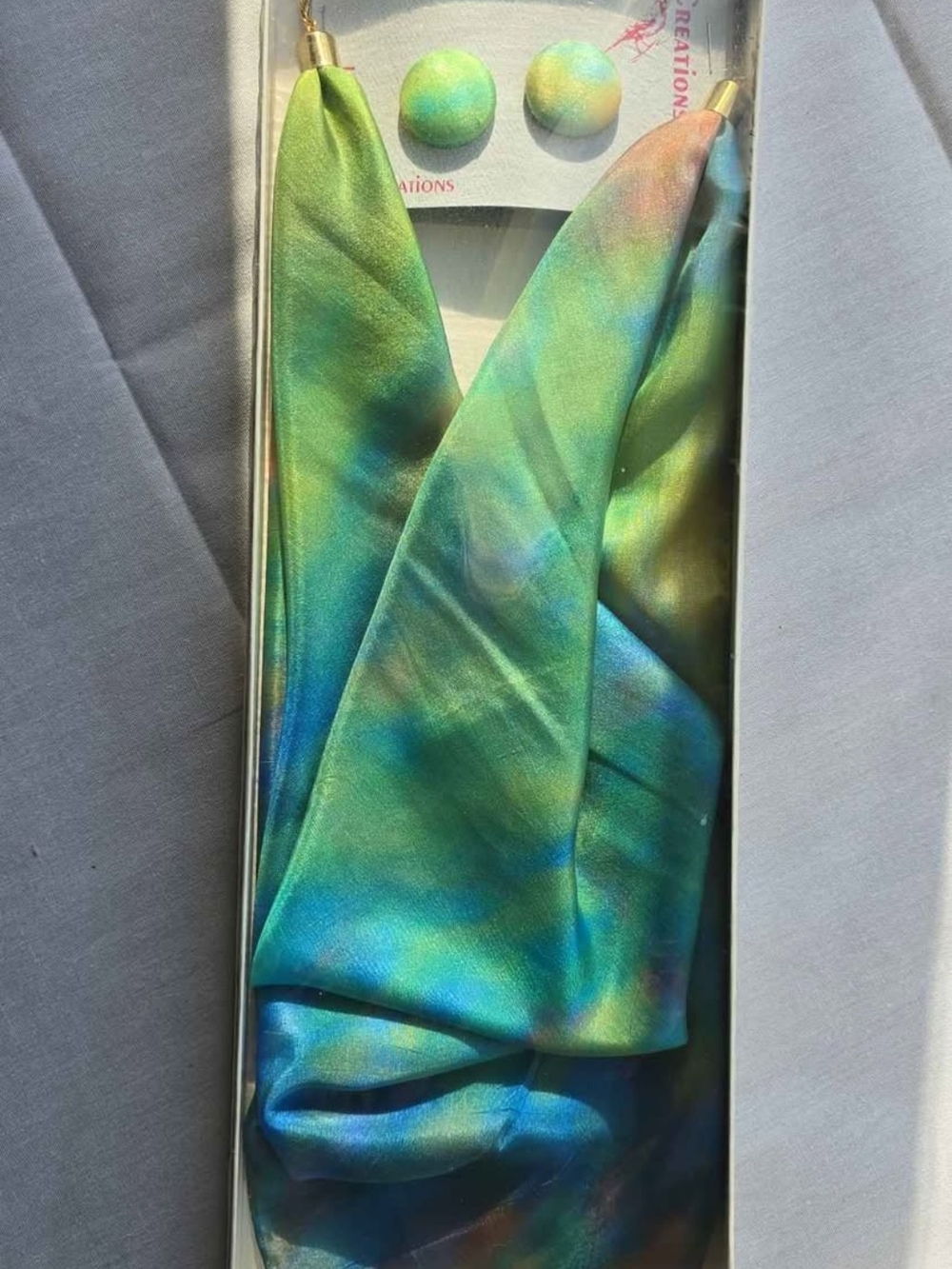 Iridescent Green Blue Satin Scarf with Matching Stud Earrings